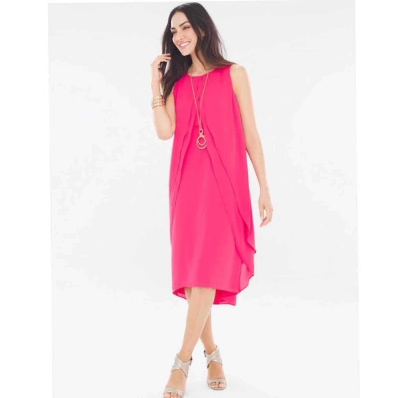 Chico's Ruffle Detail Maxi Dress Pink Passion Hi Lo Solid Keyhole Nwt Size Small